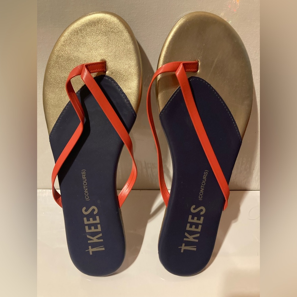 Tkees Sandals Womens Size 8 Leather Contours Colorblock Navy, Gold, Orange